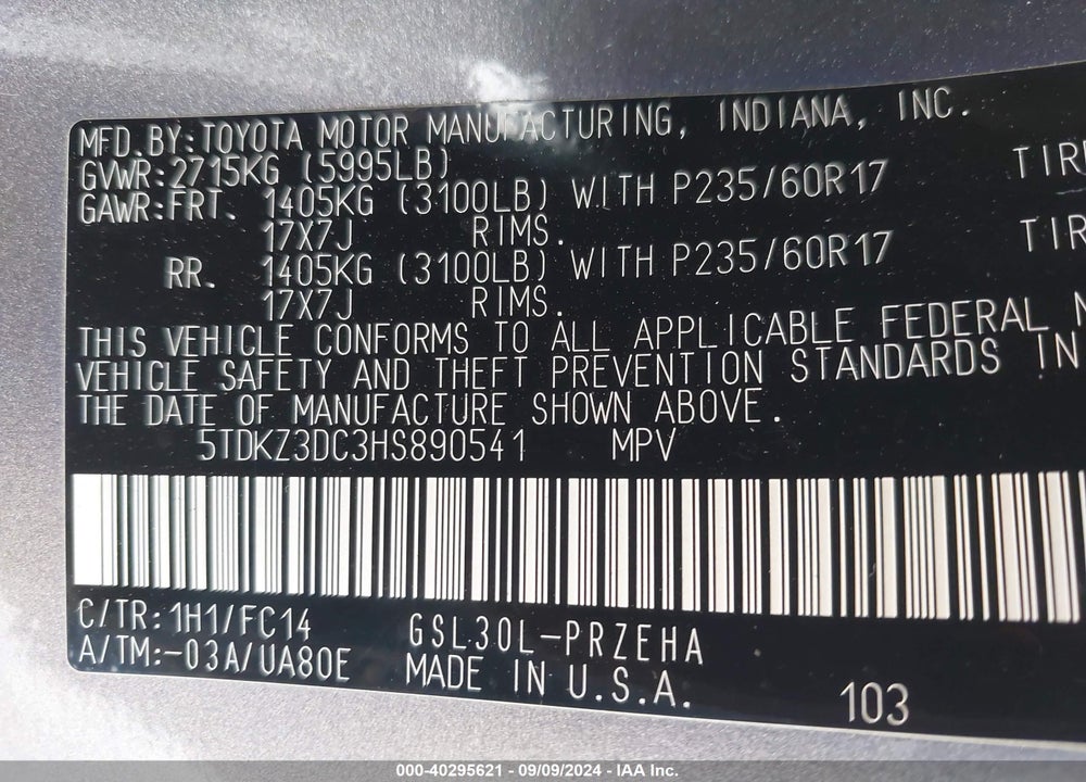 2017 TOYOTA SIENNA LE 8 PASSENGER VIN: 5TDKZ3DC3HS890541