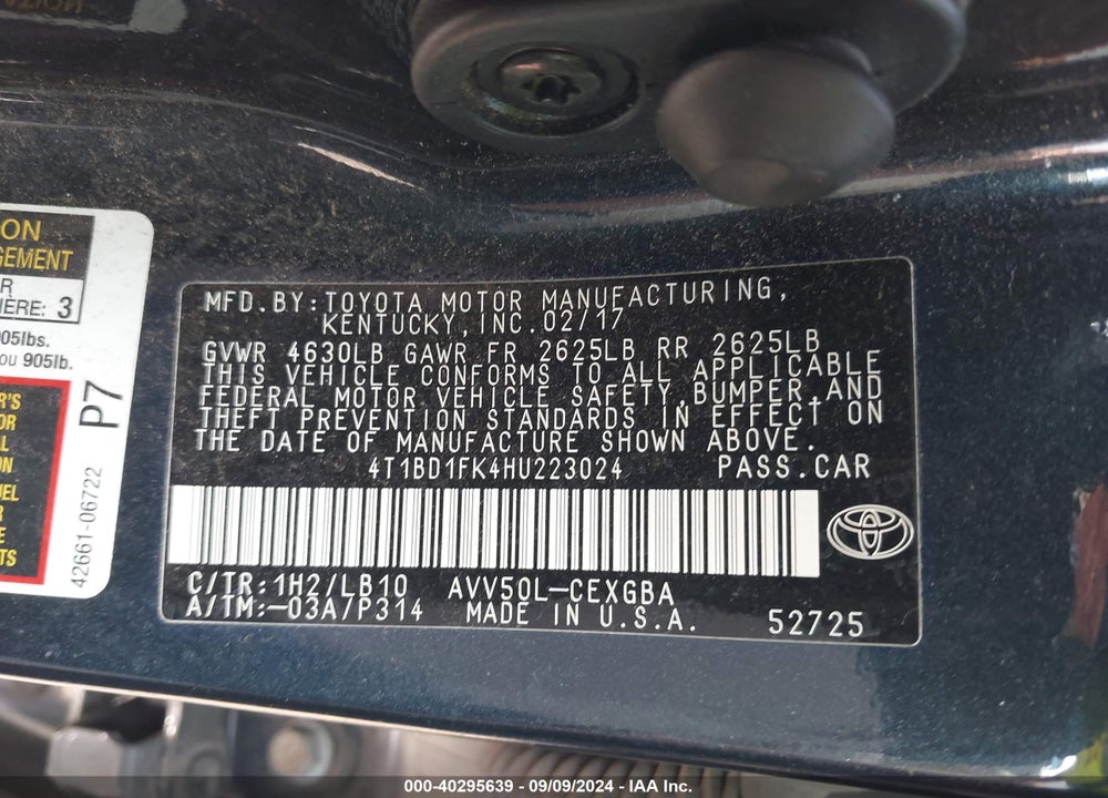 2017 TOYOTA CAMRY HYBRID XLE VIN: 4T1BD1FK4HU223024