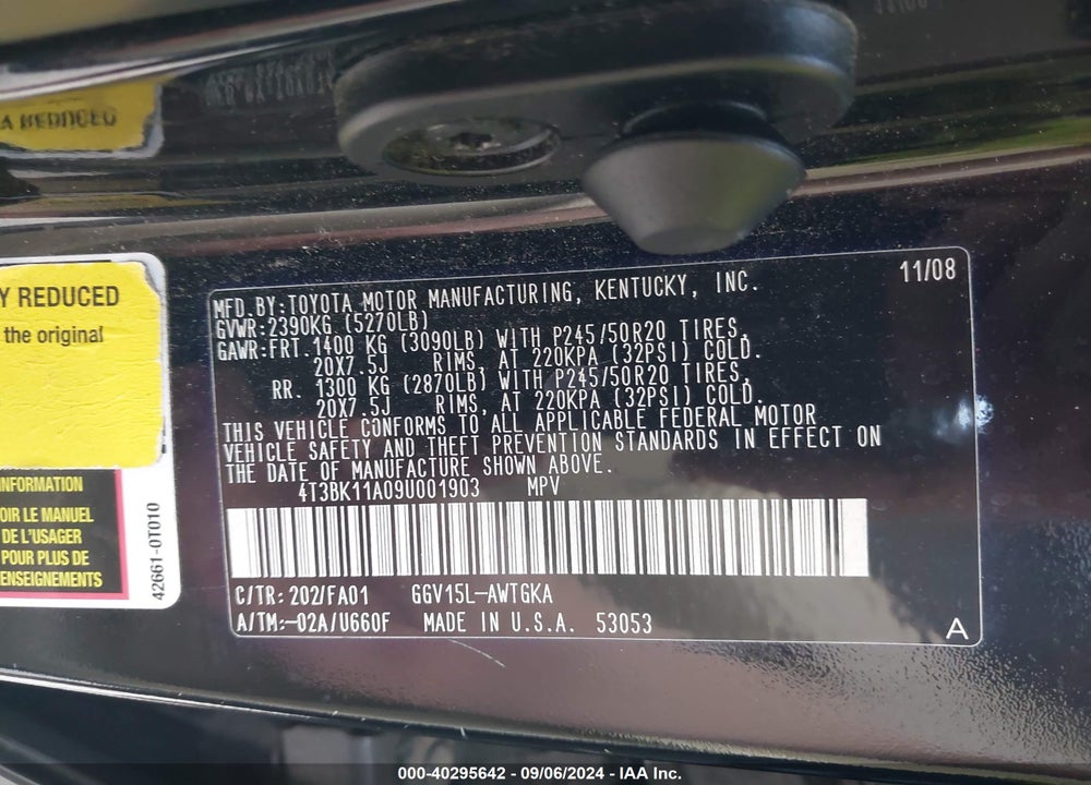 2009 TOYOTA VENZA BASE V6 VIN: 4T3BK11A09U001903