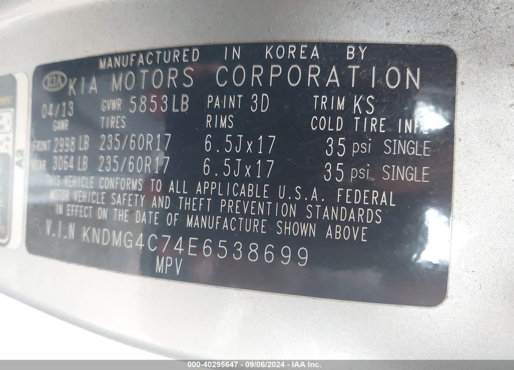 2014 KIA SEDONA VIN: KNDMG4C74E6538699