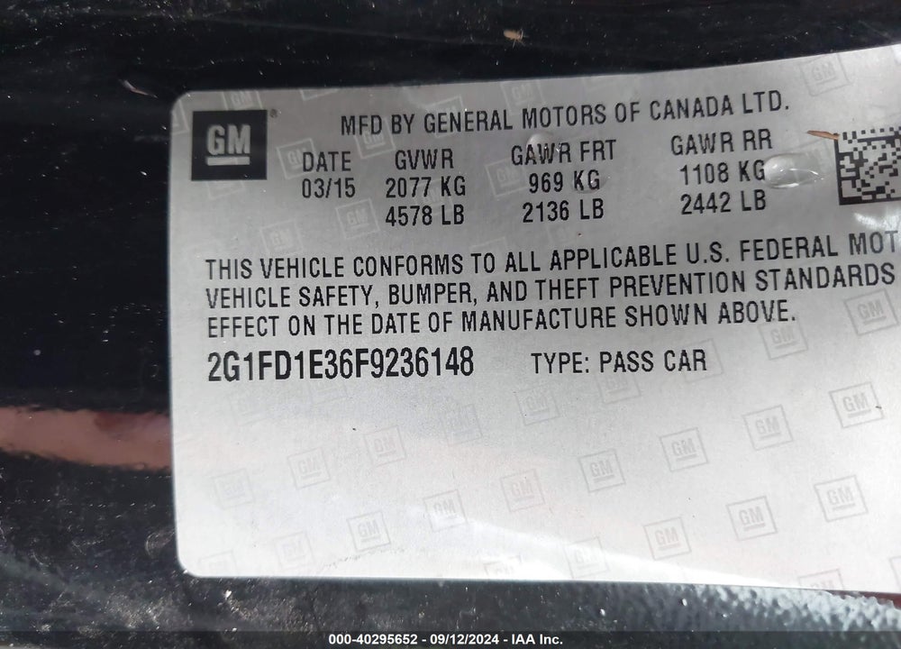 2015 CHEVROLET CAMARO 1LT VIN: 2G1FD1E36F9236148