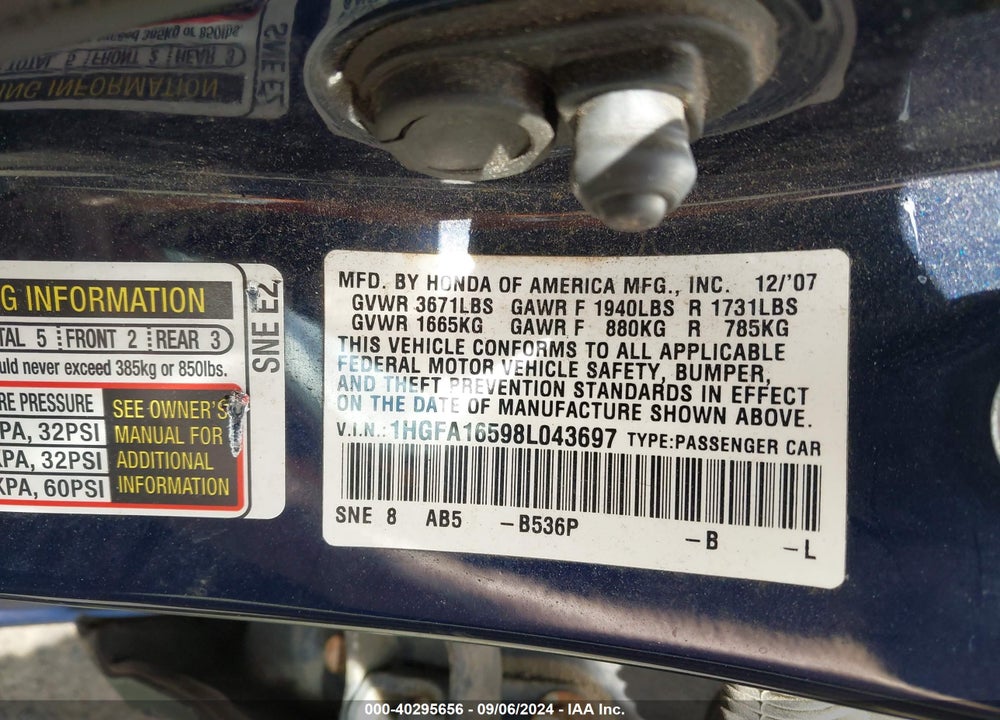 2008 HONDA CIVIC SDN LX VIN: 1HGFA16598L043697