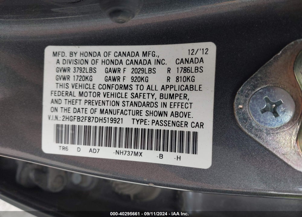2013 HONDA CIVIC EX VIN: 2HGFB2F87DH519921