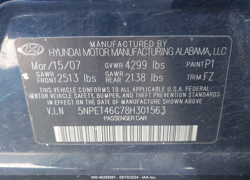 2008 HYUNDAI SONATA GLS VIN: 5NPET46C78H301563