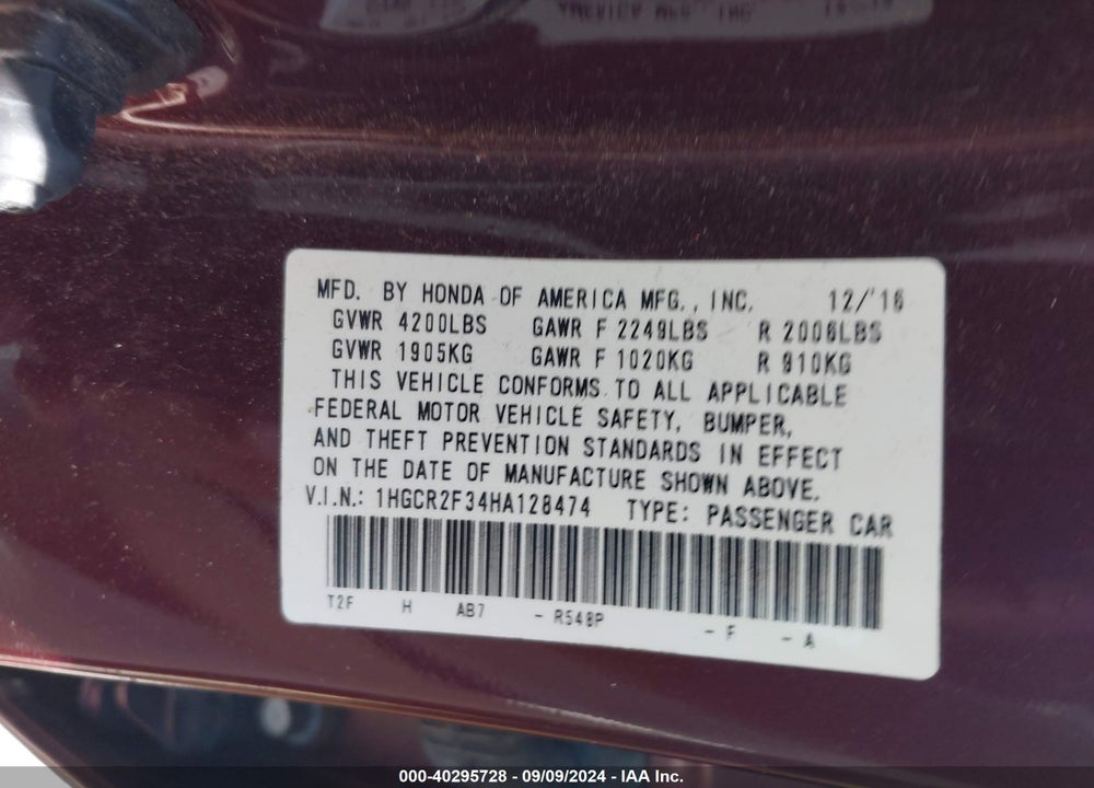 2017 HONDA ACCORD LX VIN: 1HGCR2F34HA128474
