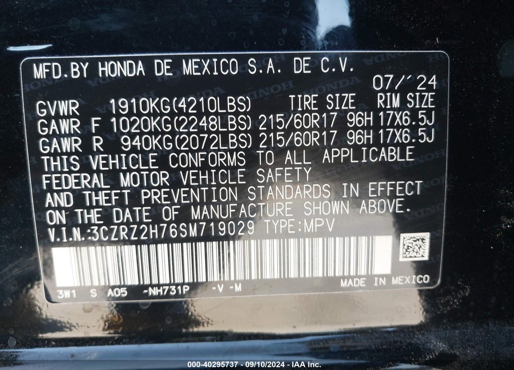 2025 HONDA HR-V AWD EX-L VIN: 3CZRZ2H76SM719029