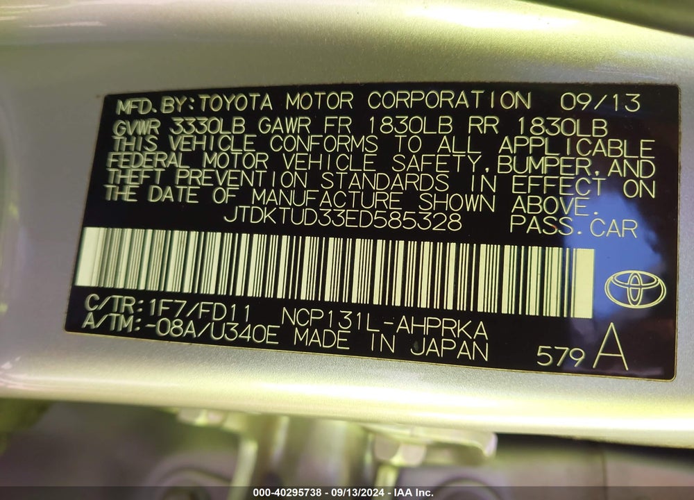 2014 TOYOTA YARIS SE (TMC/CBU PLANT) VIN: JTDKTUD33ED585328