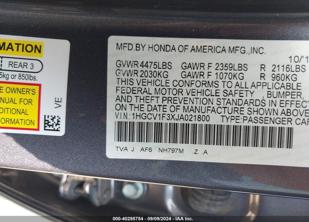 2018 HONDA ACCORD SPORT VIN: 1HGCV1F3XJA021800
