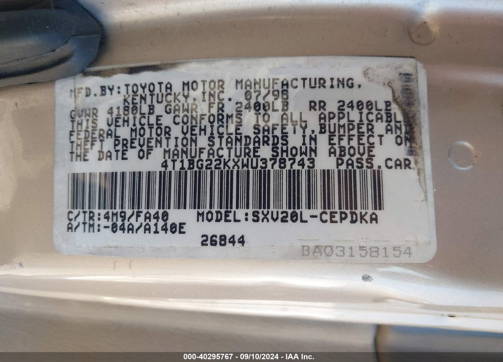 1998 TOYOTA CAMRY CE VIN: 4T1BG22KXWU378743