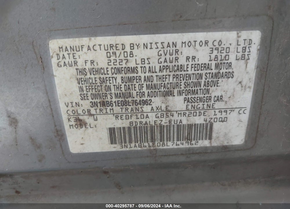2008 NISSAN SENTRA 2.0S VIN: 3N1AB61E08L764962