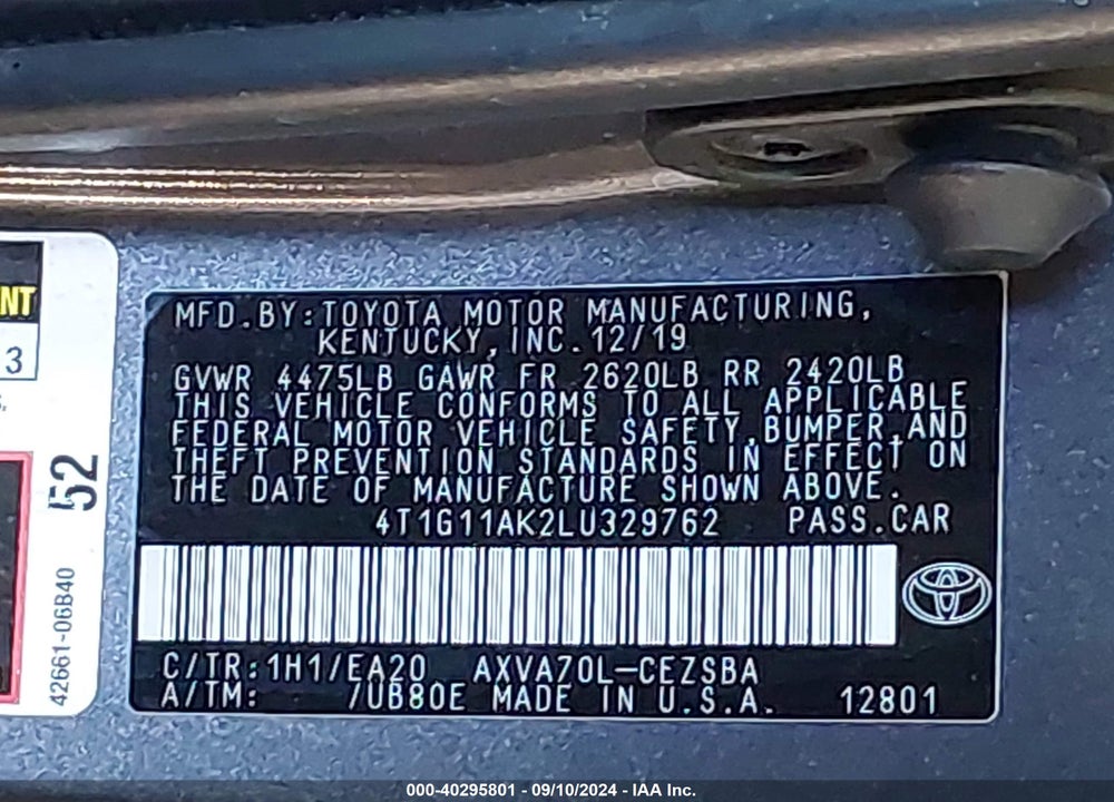 2020 TOYOTA CAMRY SE VIN: 4T1G11AK2LU329762