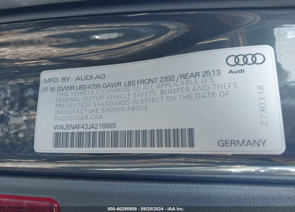 2018 AUDI A4 2.0T TECH PREMIUM VIN: WAUENAF43JA218885