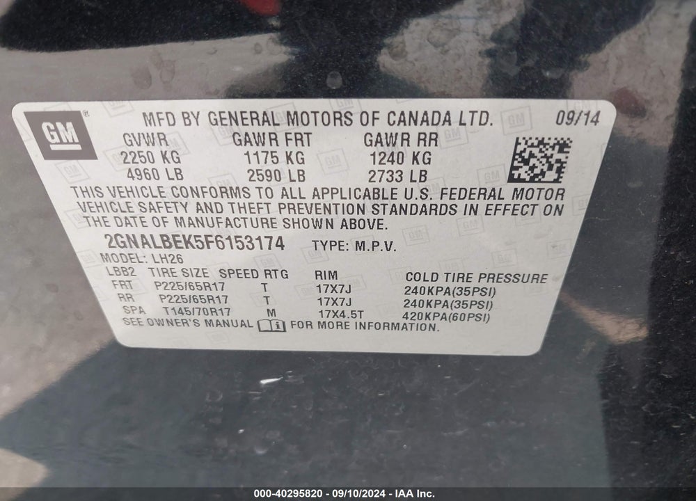 2015 CHEVROLET EQUINOX 1LT VIN: 2GNALBEK5F6153174