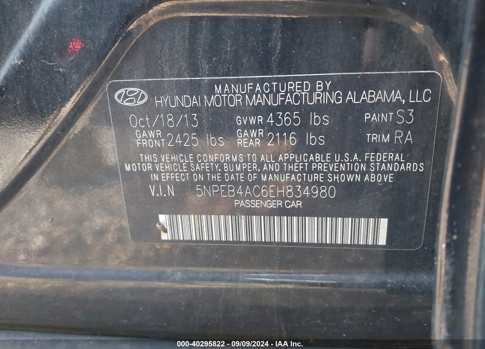 2014 HYUNDAI SONATA GLS VIN: 5NPEB4AC6EH834980