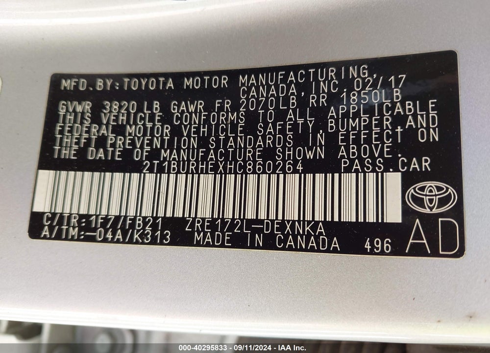 2017 TOYOTA COROLLA LE VIN: 2T1BURHEXHC860264