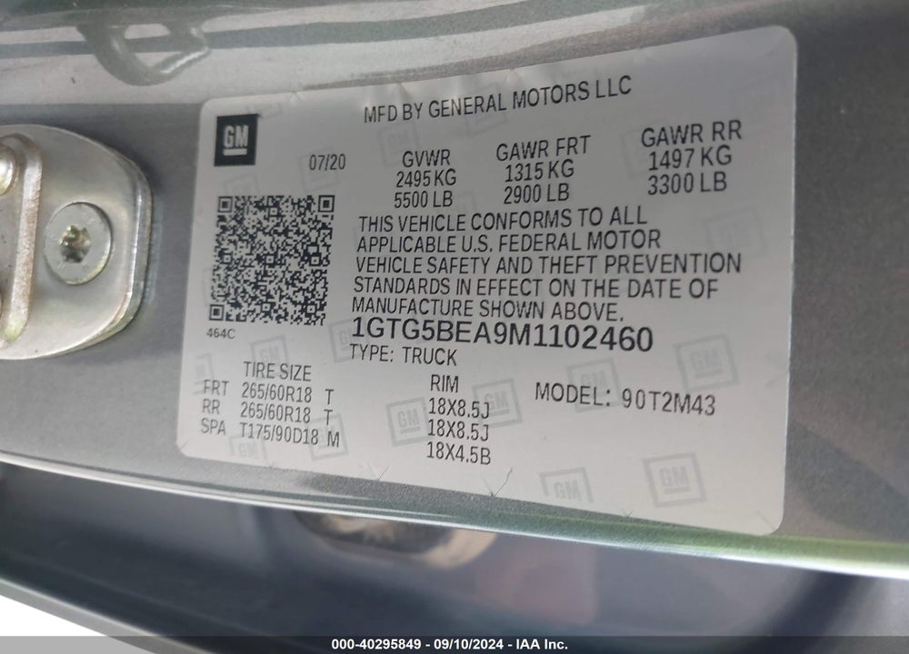2021 GMC CANYON 2WD SHORT BOX ELEVATION STANDARD VIN: 1GTG5BEA9M1102460