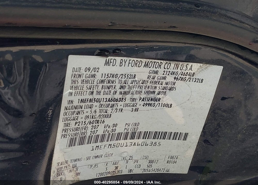 2003 MERCURY SABLE GS VIN: 1MEFM50U13A606385