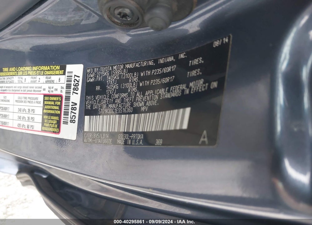 2014 TOYOTA SIENNA XLE V6 8 PASSENGER VIN: 5TDYK3DC1ES516360