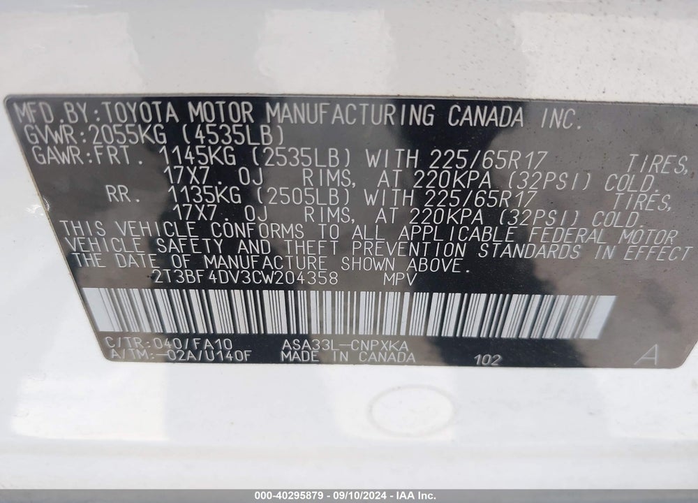 2012 TOYOTA RAV4 VIN: 2T3BF4DV3CW204358