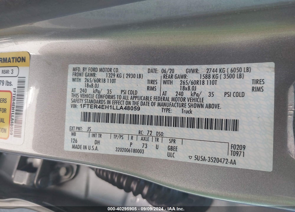 2020 FORD RANGER VIN: 1FTER4EH1LLA48059
