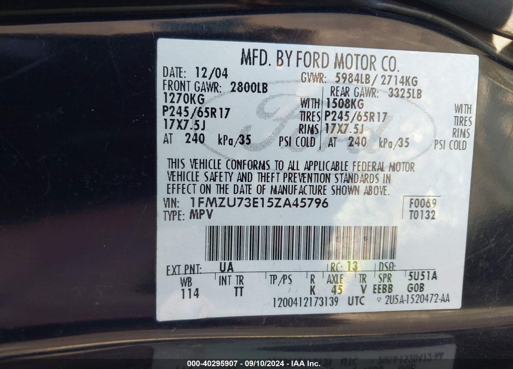 2005 FORD EXPLORER XLT/XLT SPORT VIN: 1FMZU73E15ZA45796