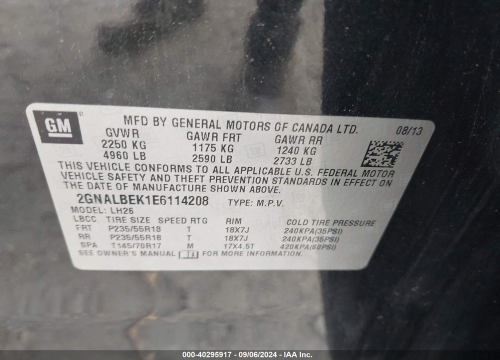 2014 CHEVROLET EQUINOX VIN: 2GNALBEK1E6114208