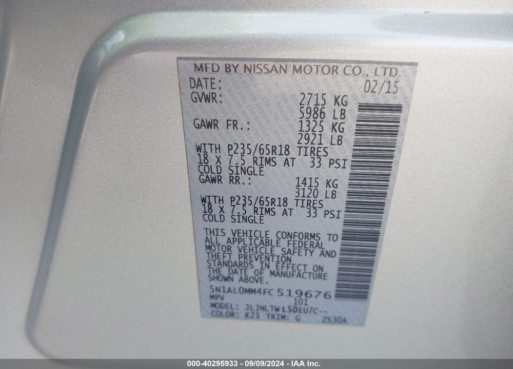 2015 INFINITI QX60 VIN: 5N1AL0MM4FC519676