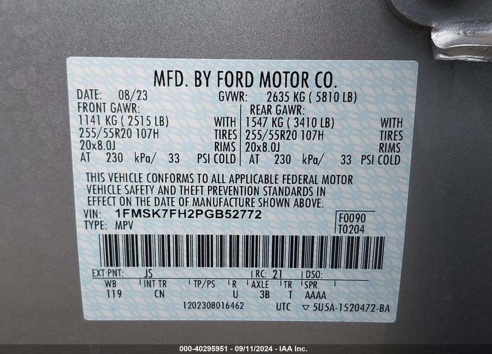 2023 FORD EXPLORER LIMITED VIN: 1FMSK7FH2PGB52772