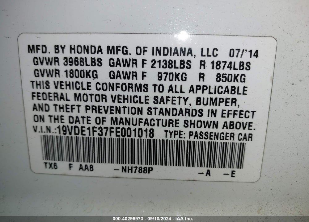2015 ACURA ILX 2.0L VIN: 19VDE1F37FE001018