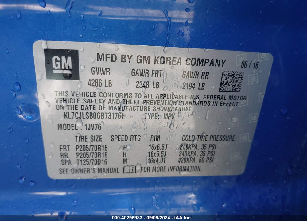 2016 CHEVROLET TRAX LT VIN: KL7CJLSB0GB731761