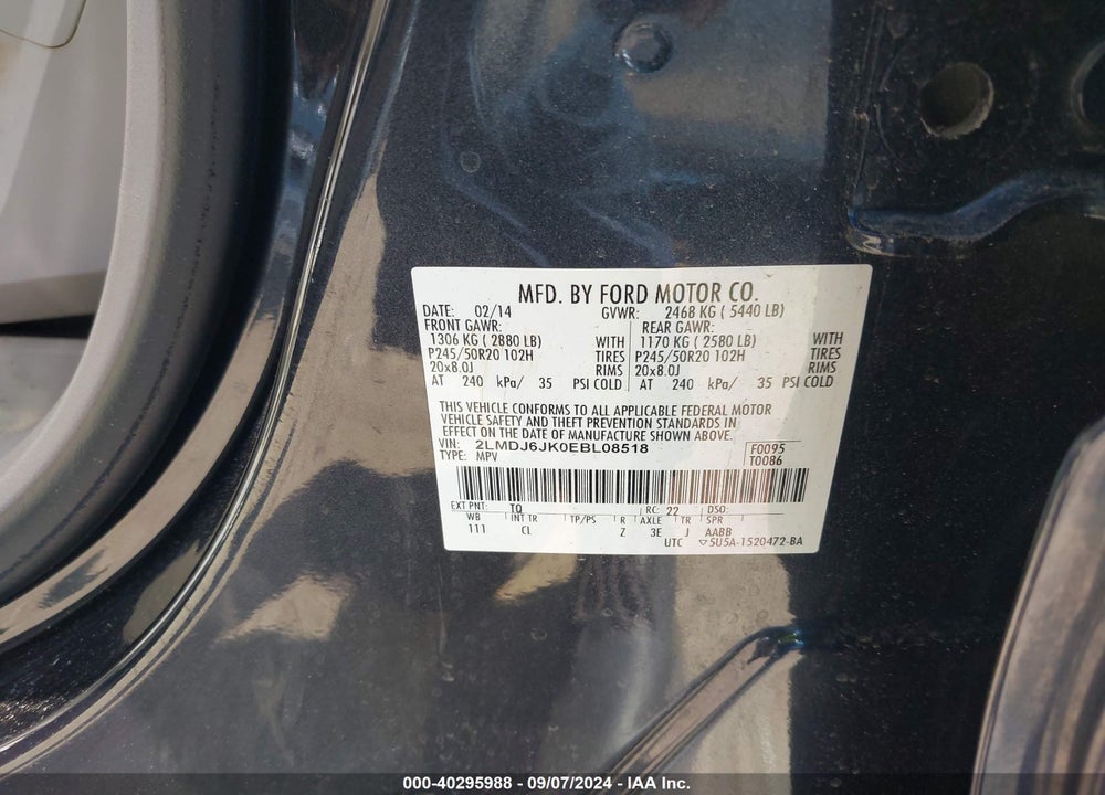 2014 LINCOLN MKX VIN: 2LMDJ6JK0EBL08518