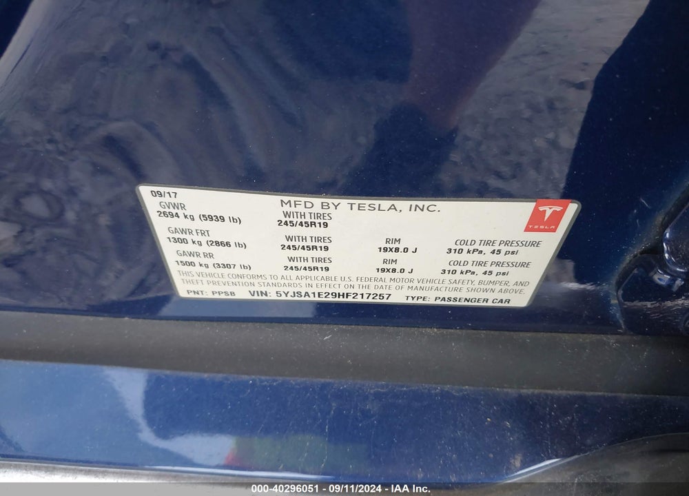 2017 TESLA MODEL S 100D/60D/75D/90D/P100D VIN: 5YJSA1E29HF217257