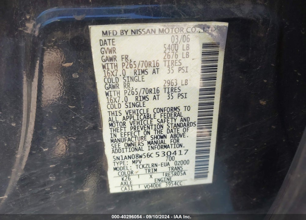 2006 NISSAN XTERRA S VIN: 5N1AN08W56C530417