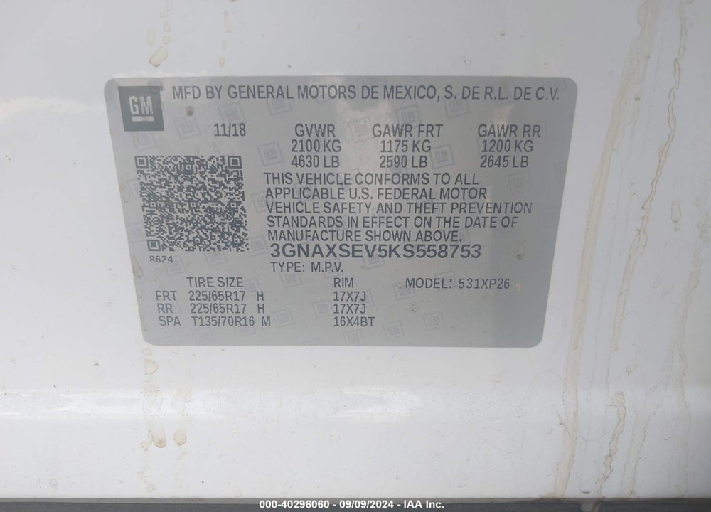 2019 CHEVROLET EQUINOX LS VIN: 3GNAXSEV5KS558753