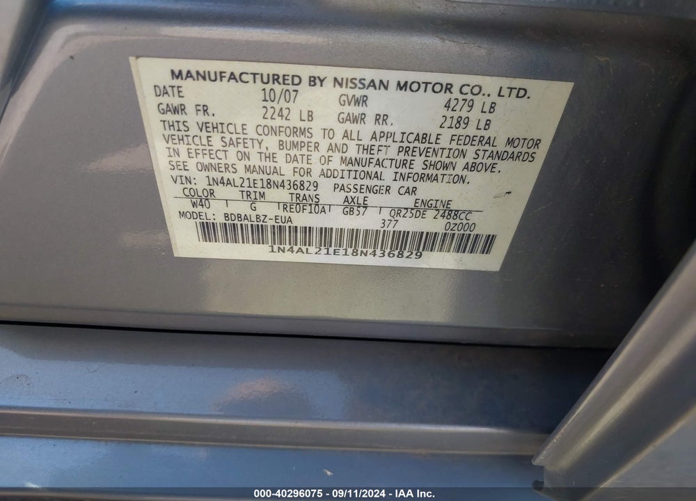 2008 NISSAN ALTIMA 2.5 S VIN: 1N4AL21E18N436829