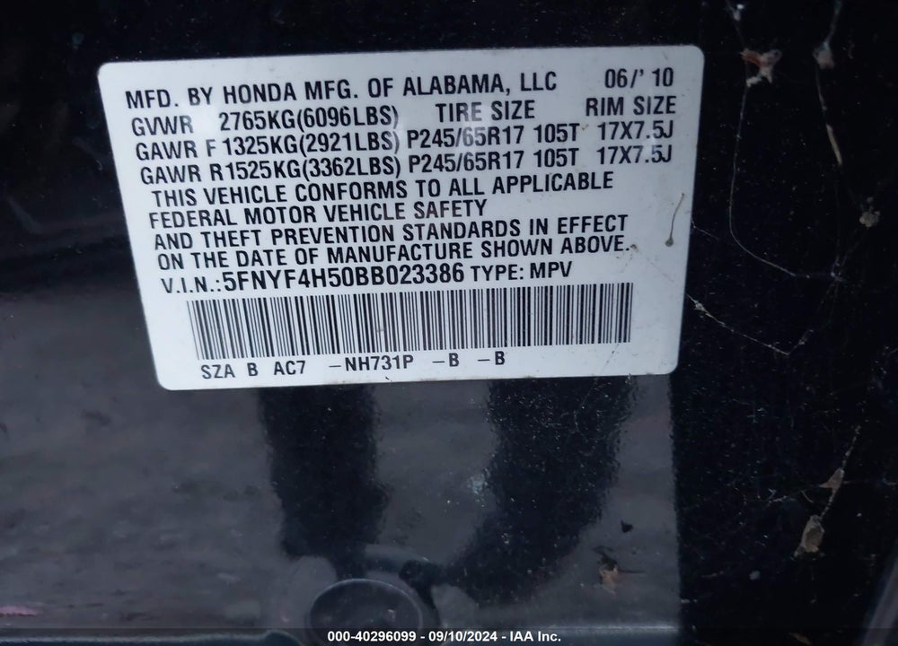 2011 HONDA PILOT EX-L VIN: 5FNYF4H50BB023386