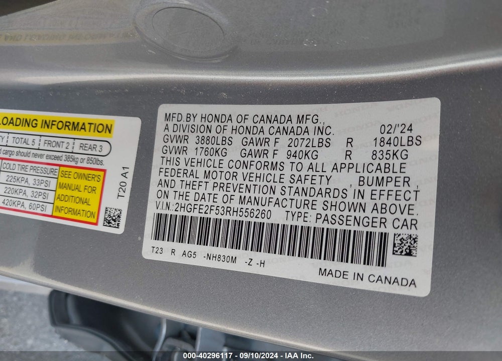 2024 HONDA CIVIC SPORT VIN: 2HGFE2F53RH556260