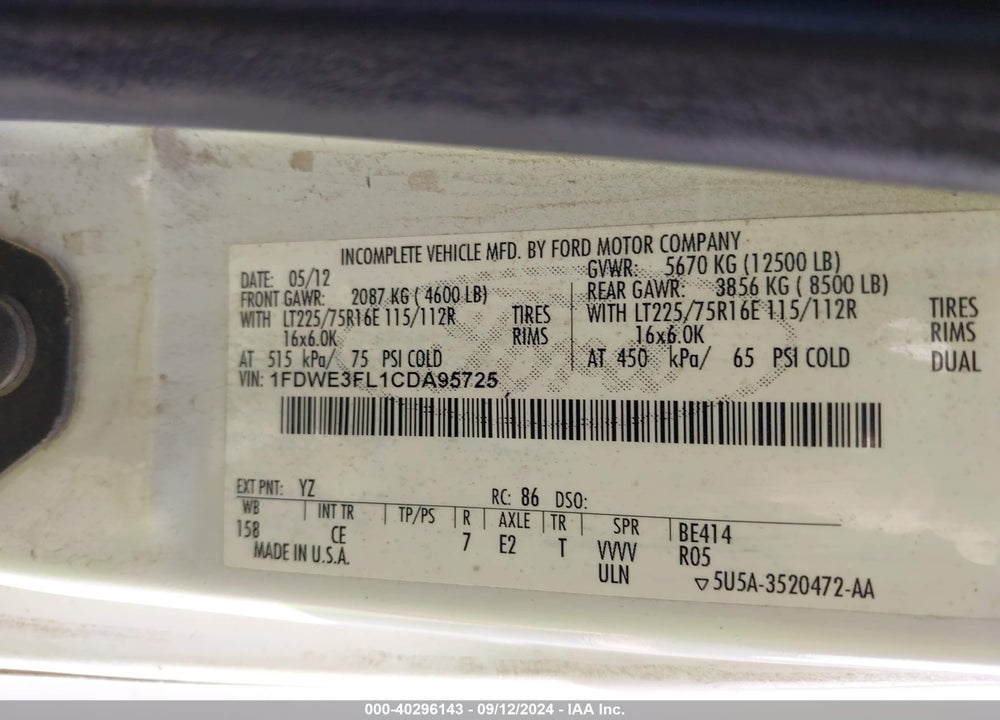 2012 FORD E-350 CUTAWAY VIN: 1FDWE3FL1CDA95725
