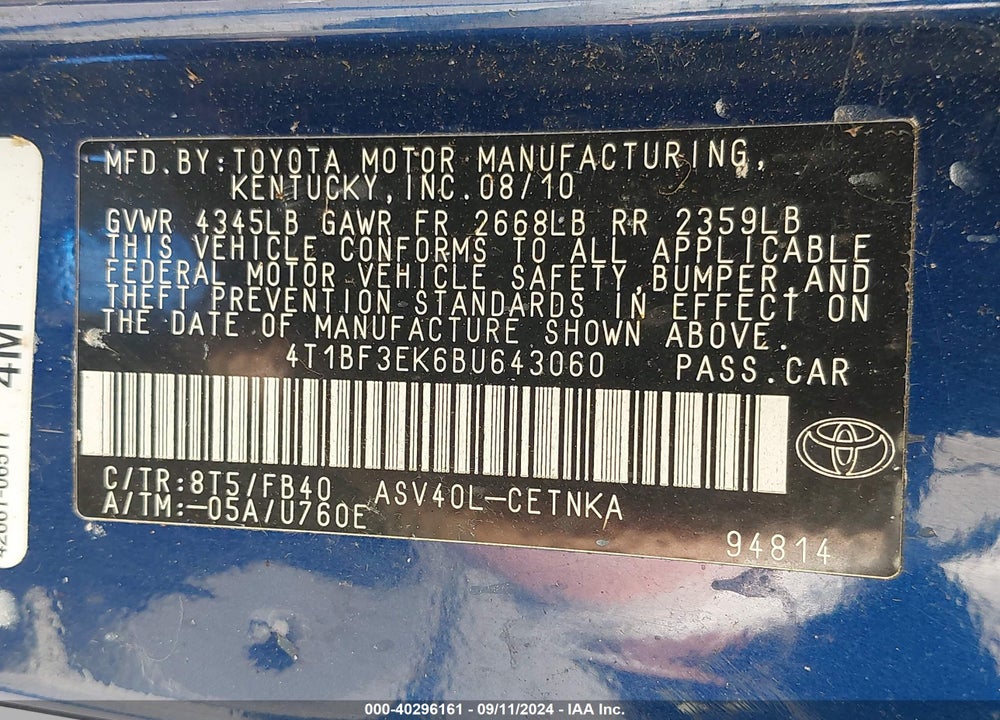2011 TOYOTA CAMRY LE VIN: 4T1BF3EK6BU643060