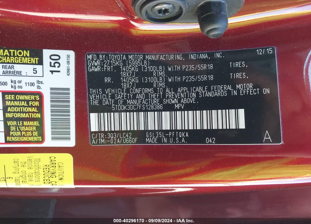 2015 TOYOTA SIENNA XLE PREMIUM 7 PASSENGER VIN: 5TDDK3DC7FS128386