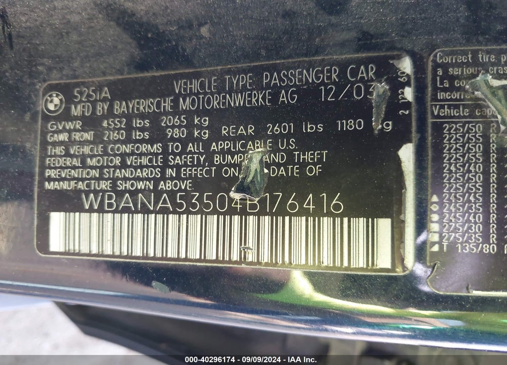 2004 BMW 525I VIN: WBANA53504B176416