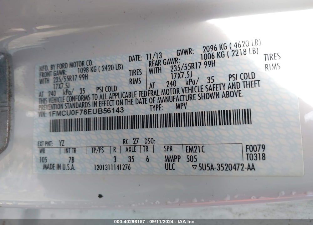 2014 FORD ESCAPE S VIN: 1FMCU0F78EUB56143