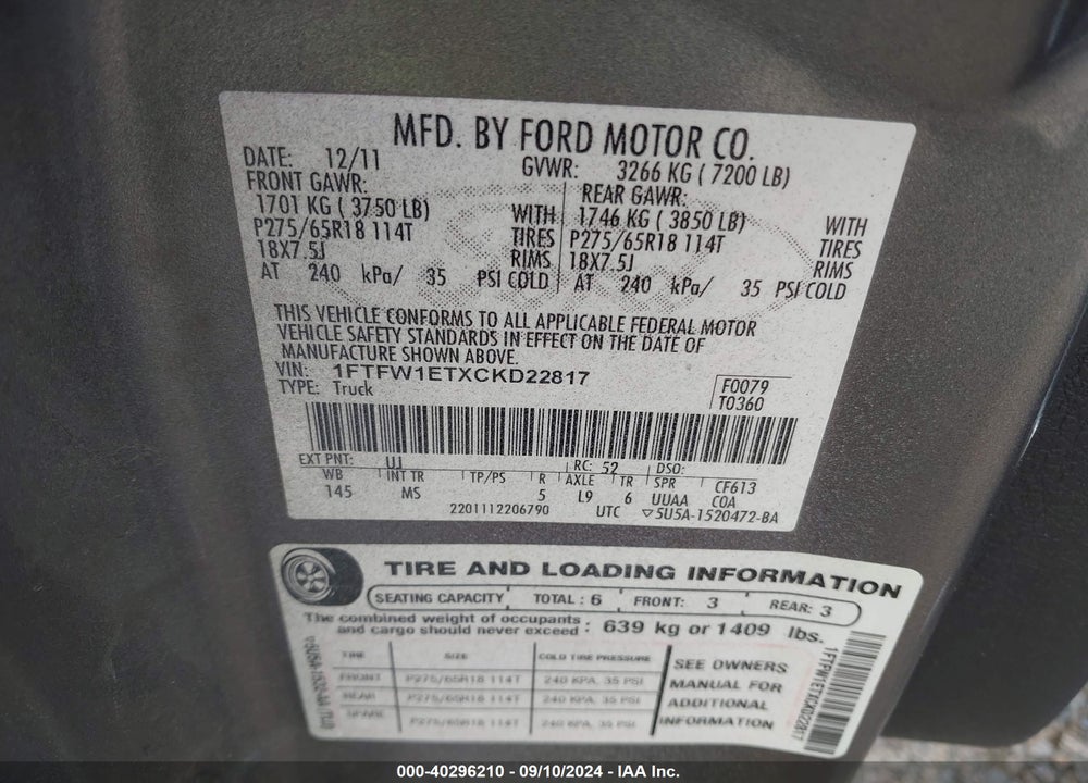 2012 FORD F-150 XLT VIN: 1FTFW1ETXCKD22817