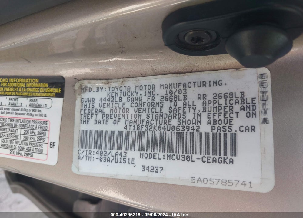 2004 TOYOTA CAMRY XLE V6 VIN: 4T1BF32K04U063942
