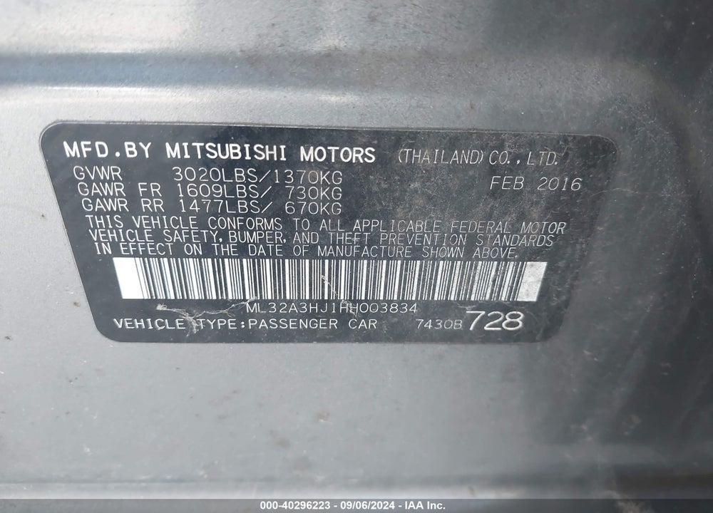 2017 MITSUBISHI MIRAGE ES VIN: ML32A3HJ1HH003834