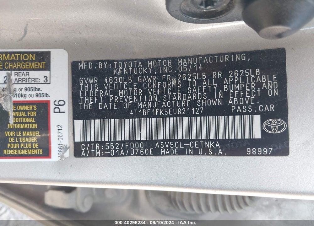 2014 TOYOTA CAMRY LE VIN: 4T1BF1FK5EU821127