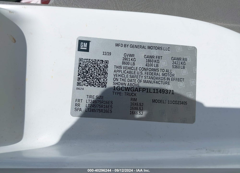 2020 CHEVROLET EXPRESS CARGO RWD 2500 REGULAR WHEELBASE WT VIN: 1GCWGAFP1L1149371