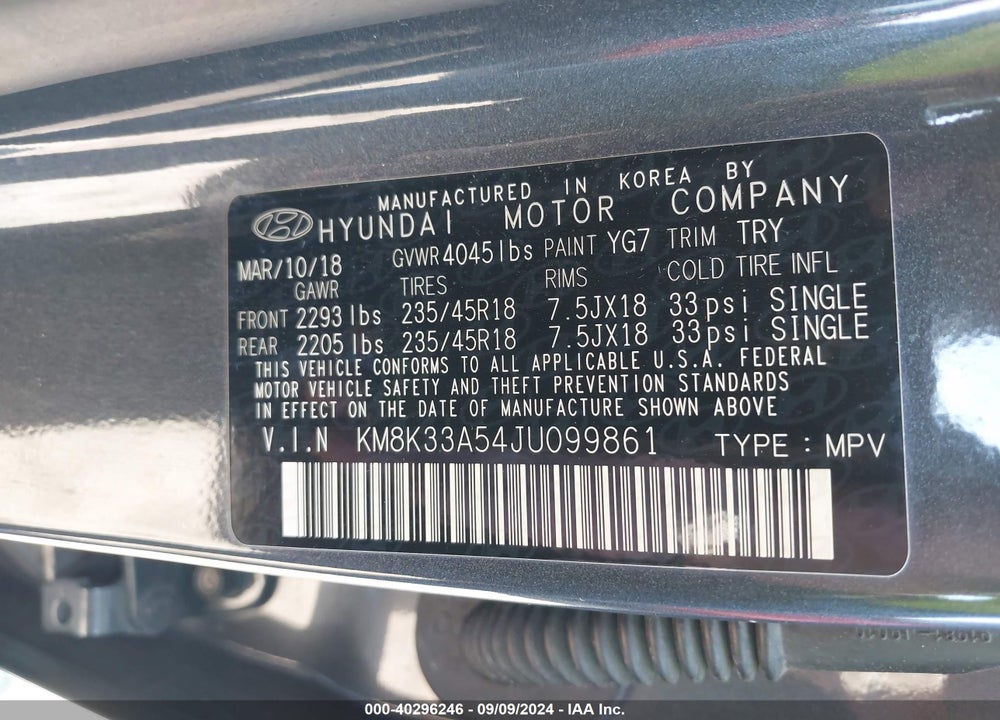 2018 HYUNDAI KONA LIMITED VIN: KM8K33A54JU099861