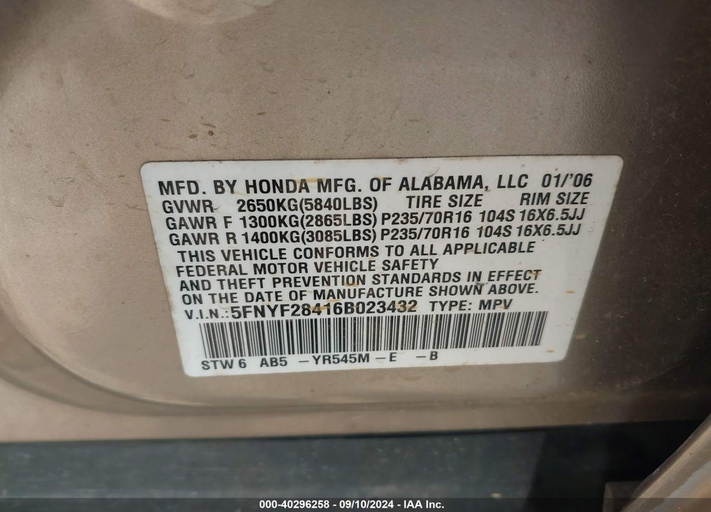 2006 HONDA PILOT EX VIN: 5FNYF28416B023432