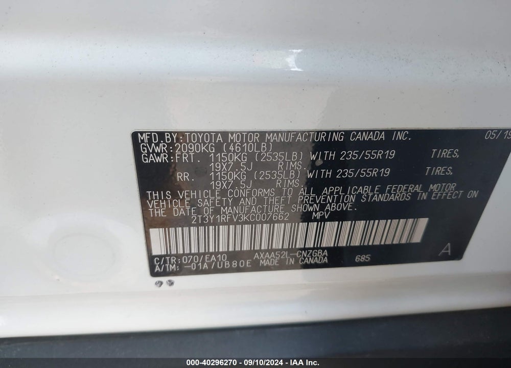2019 TOYOTA RAV4 LIMITED VIN: 2T3Y1RFV3KC007662